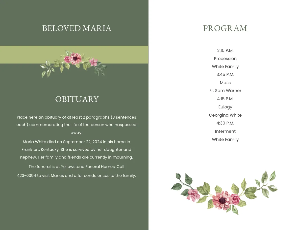 Free Sample Funeral Obituary Bi-fold Brochure Template to Edit Online