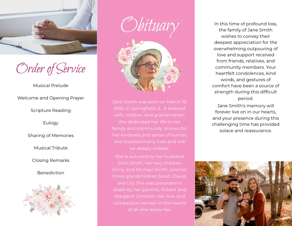 Free Simple Loving Memory Funeral Tri-Fold Brochure Template to Edit Online
