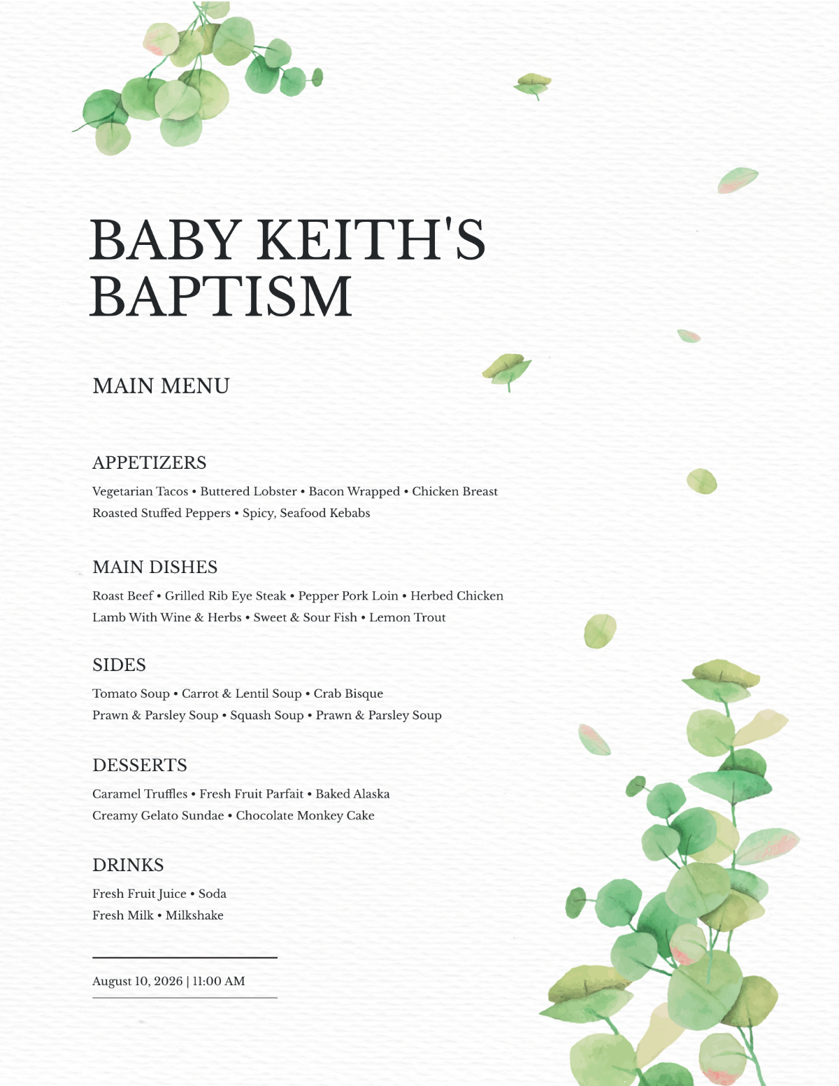 Baptism Table Tent Menu Template