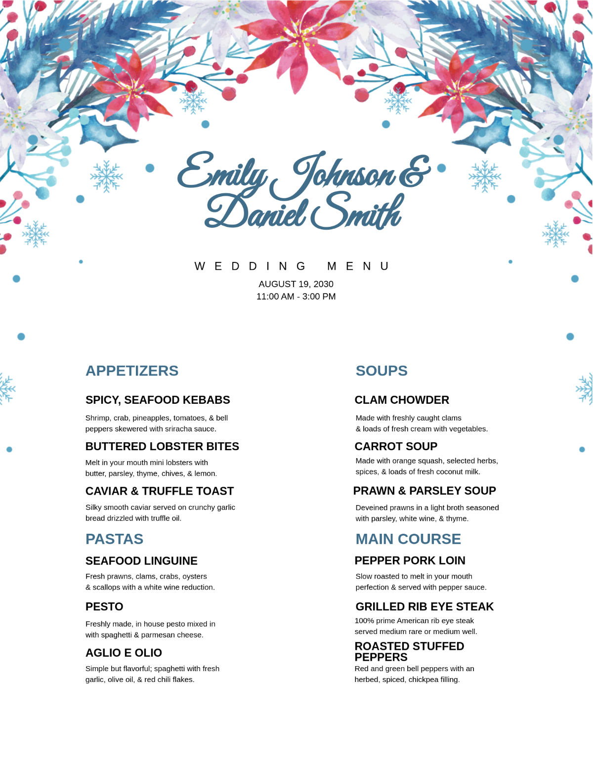 Winter Wedding Menu