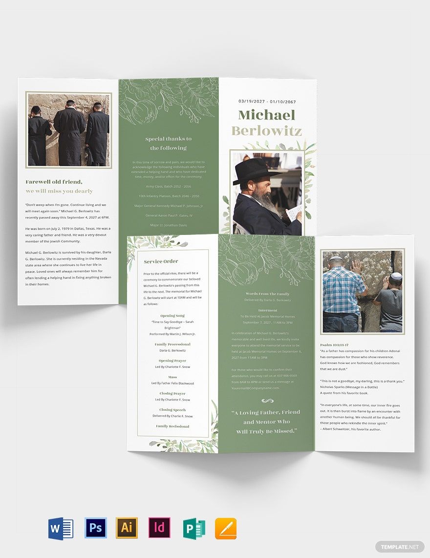 Free Jewish Funeral Memorial Tri-fold Brochure Template