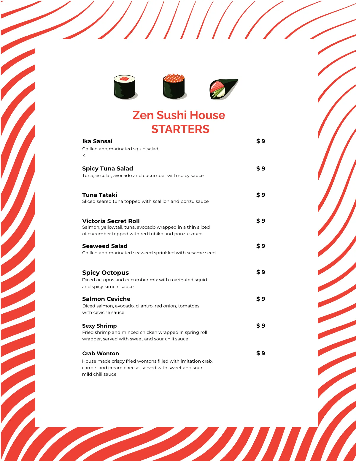 Free Sushi Restaurant Menu Template to Edit Online