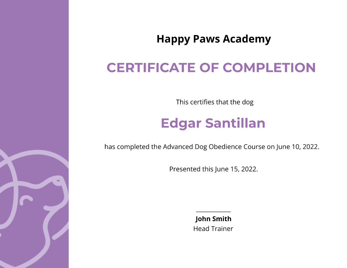 Certificate of Completion in Dog Obedience