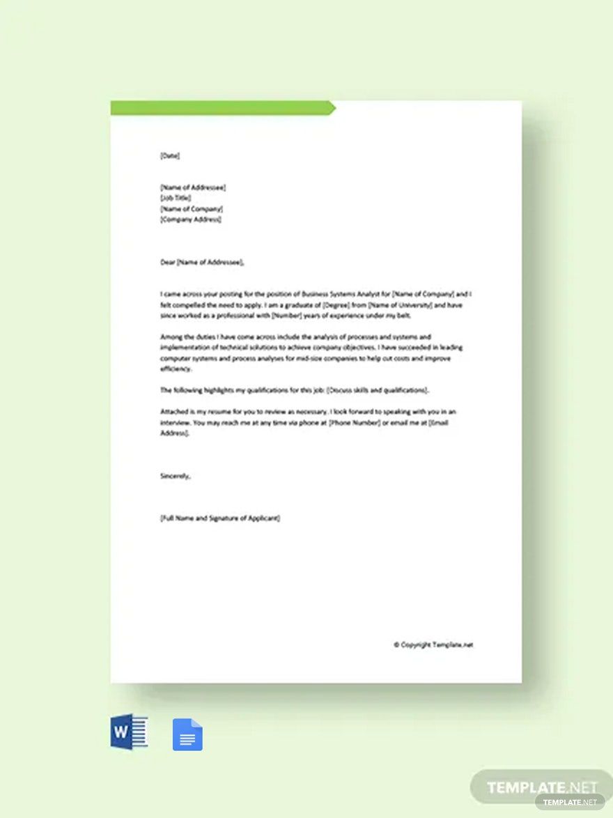 Business Systems Analyst Cover Letter Template