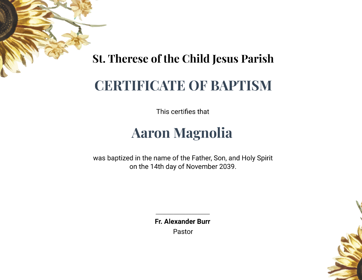 Sunflower Baptism Certificate