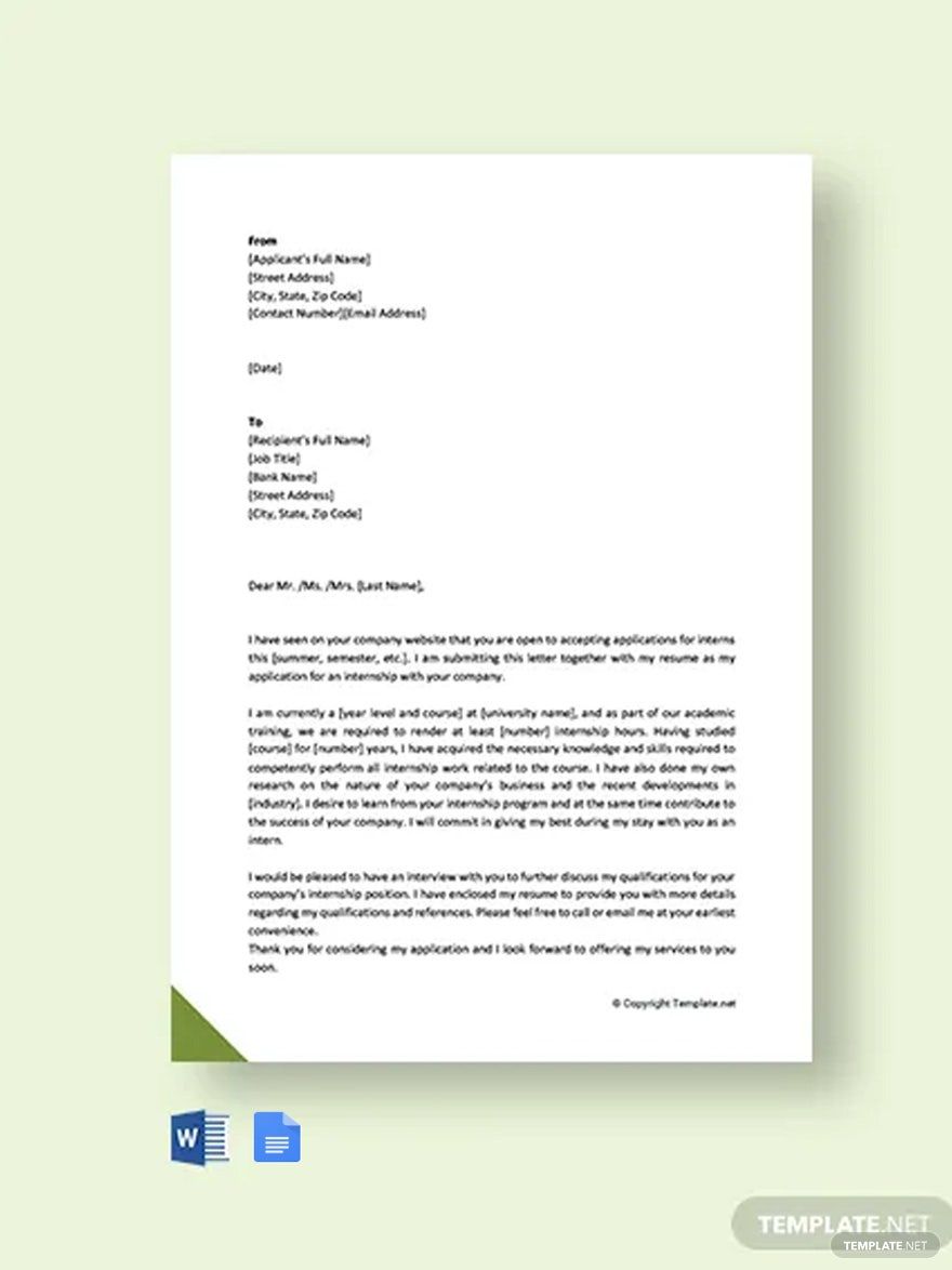 Cover Letter for Internship Template in Google Docs, Word, Pages, PDF - Download | Template.net