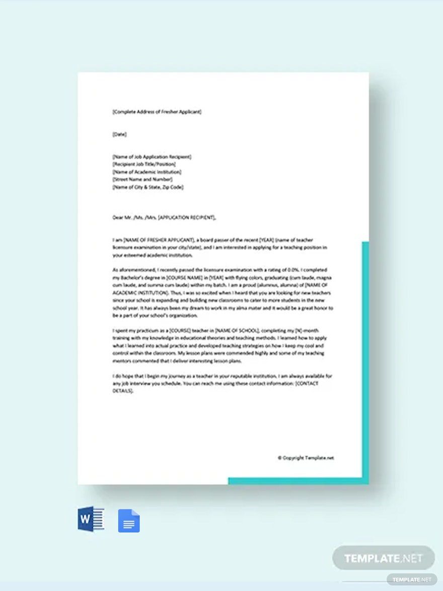 Cover Letter For Teaching Job Fresher Template in Google Docs, Word