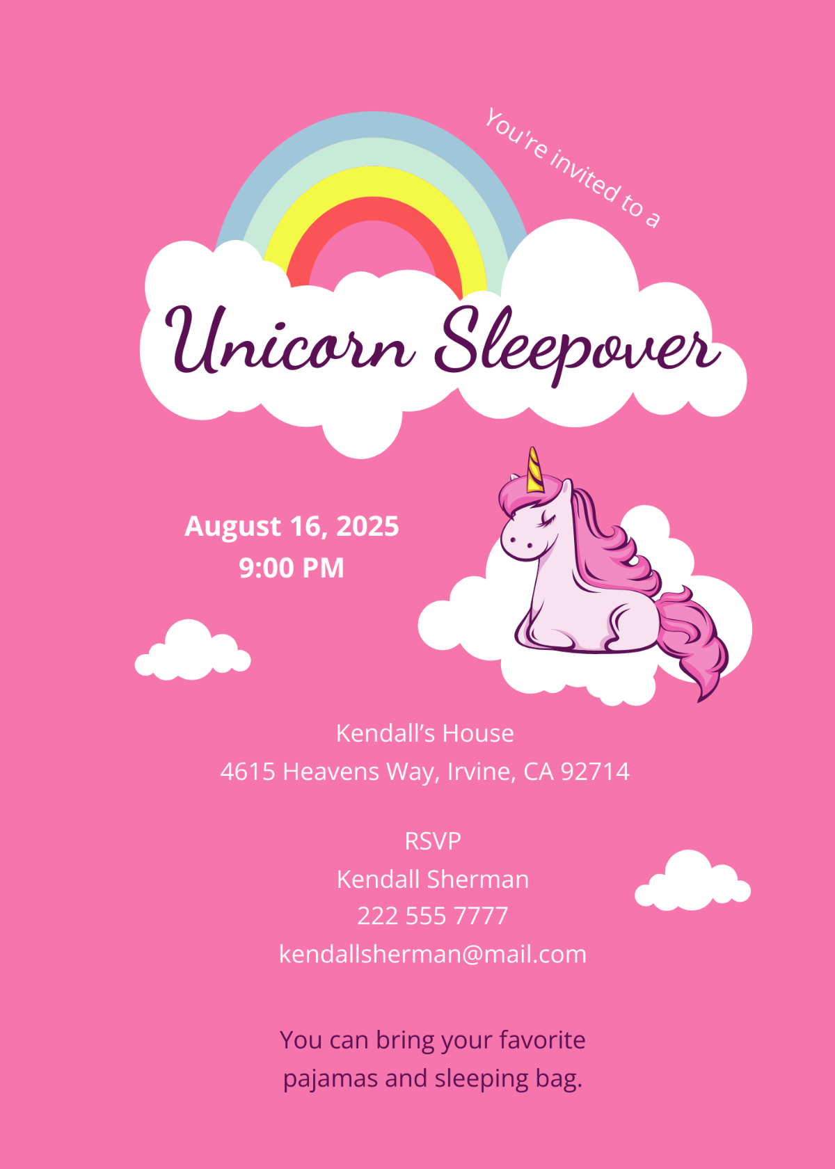 Unicorn Sleepover Invitation