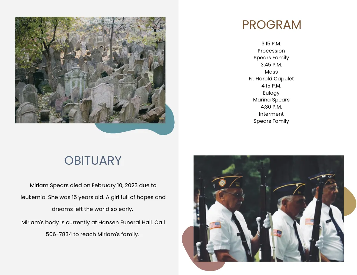 Free Creative Funeral Obituary Bi-Fold Brochure Template to Edit Online