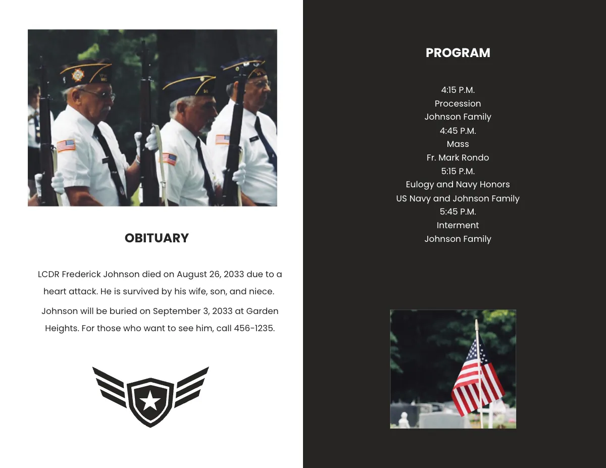 Free Navy Honors Funeral Obituary Bi-fold Brochure Template to Edit Online