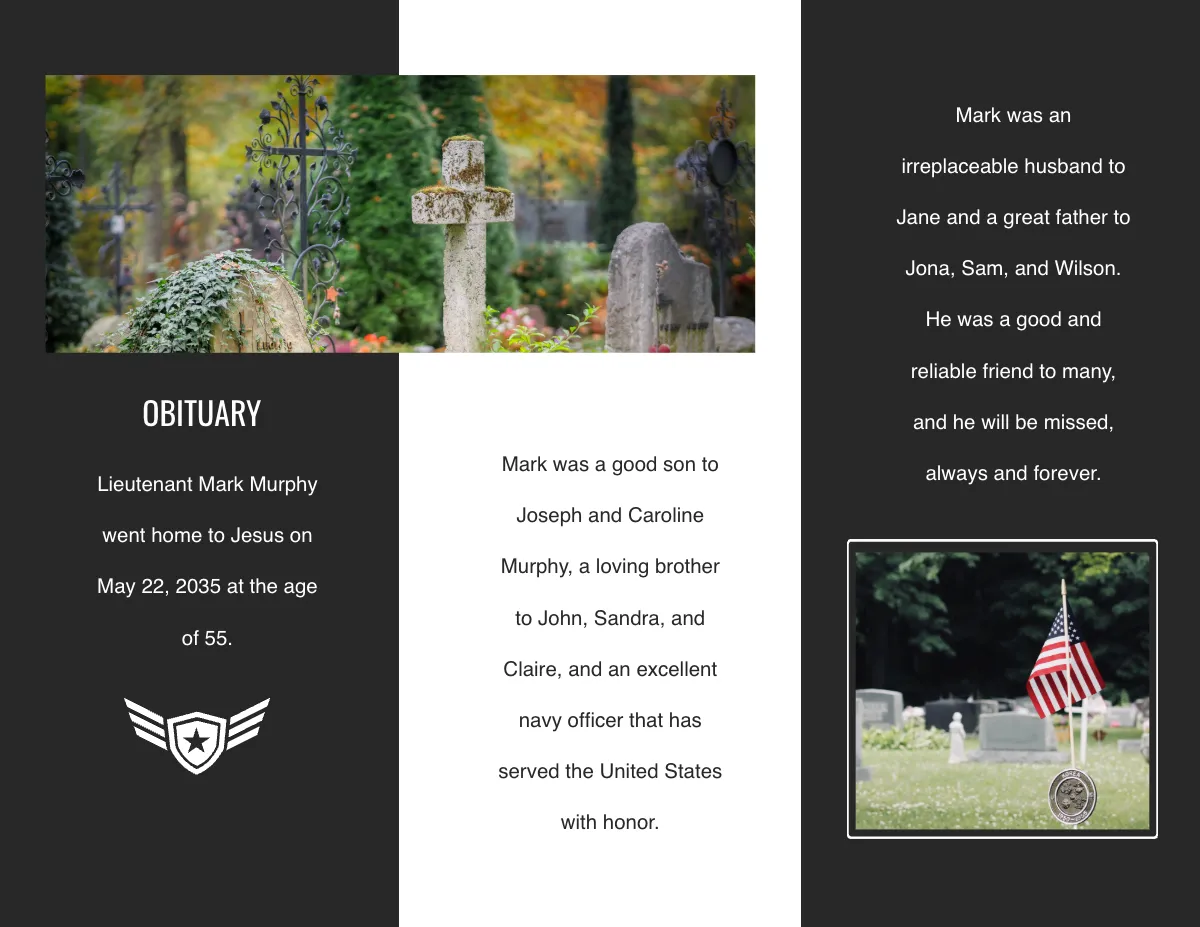 Free Navy Honors Funeral Obituary Tri-fold Brochure Template to Edit Online