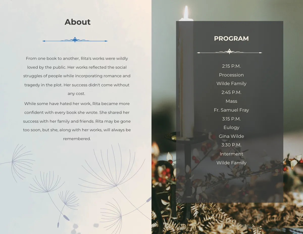 Free Order of service Eulogy Funeral Bi-Fold Brochure Template to Edit Online