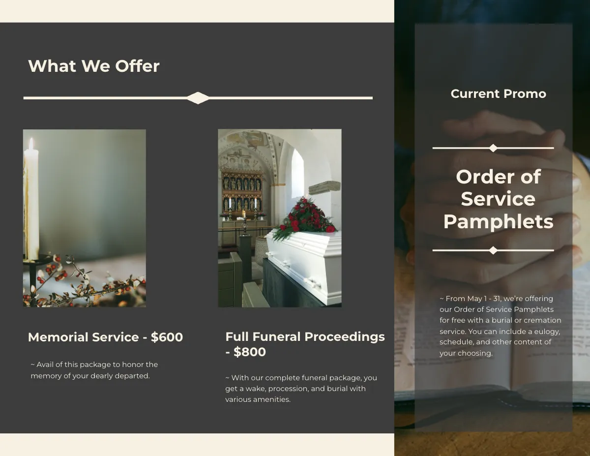 Free Order of service Eulogy Funeral Tri-Fold Brochure Template to Edit Online