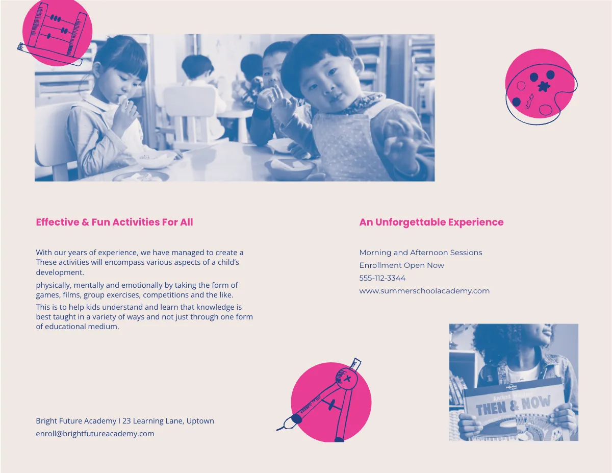 Free Summer school Bi-fold Brochure Template to Edit Online