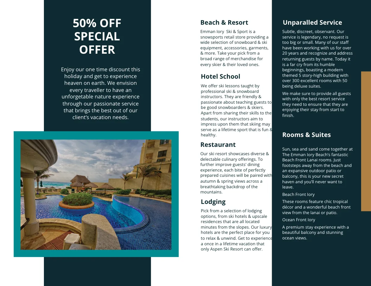 Free Resort Promotional Bi-Fold Brochure Template to Edit Online