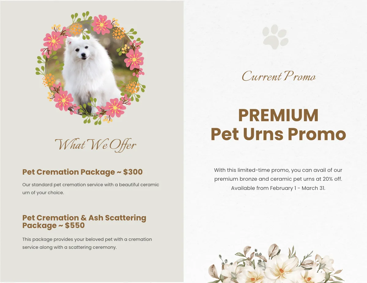 Free Pet Cremation Funeral Bi-Fold Brochure Template to Edit Online