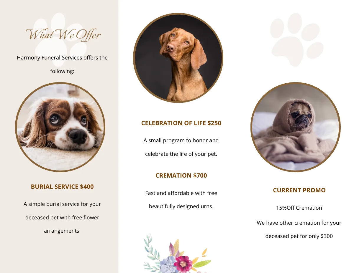 Free Pet Cremation Funeral Tri-Fold Brochure Template to Edit Online