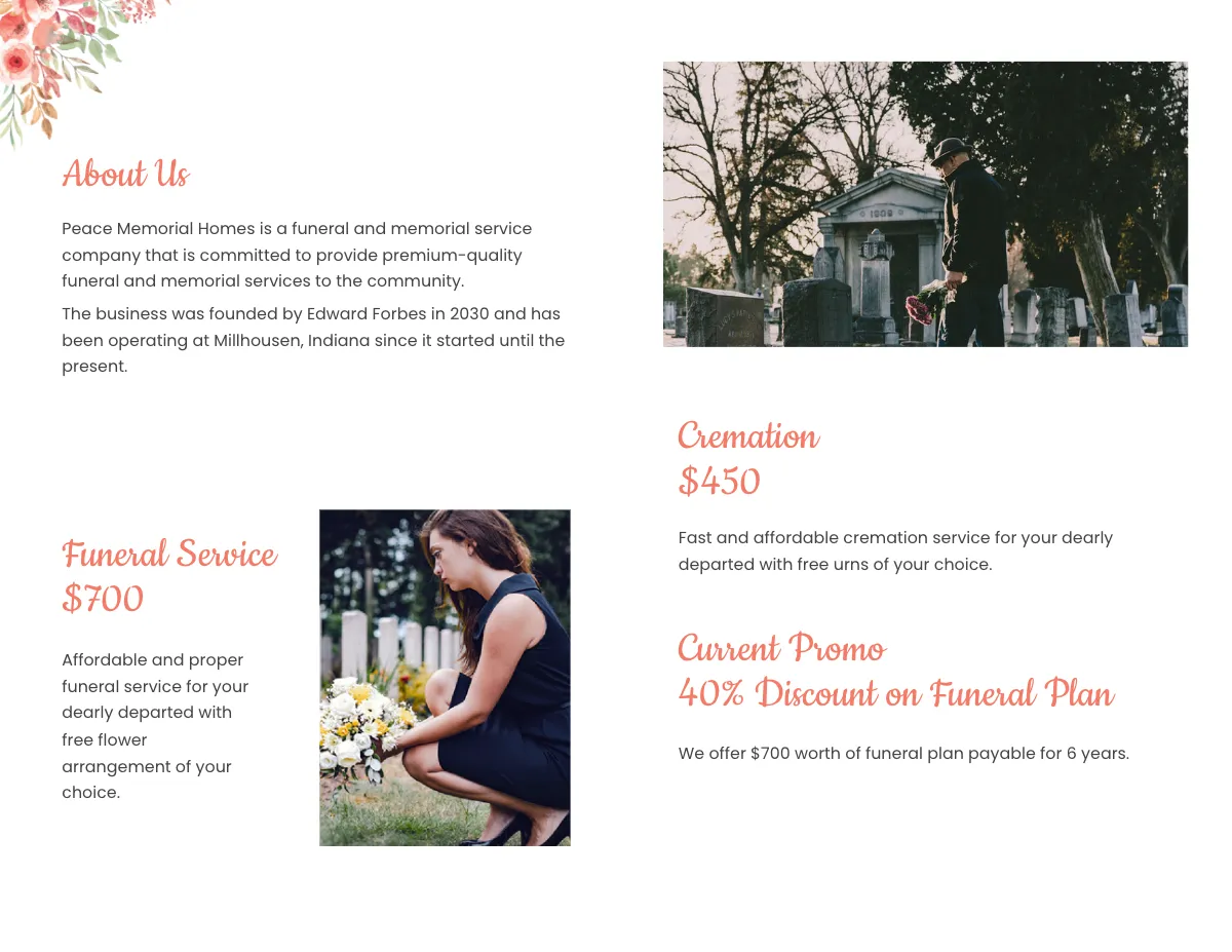 Free Plan Funeral Memorial Bi-Fold Brochure Template to Edit Online