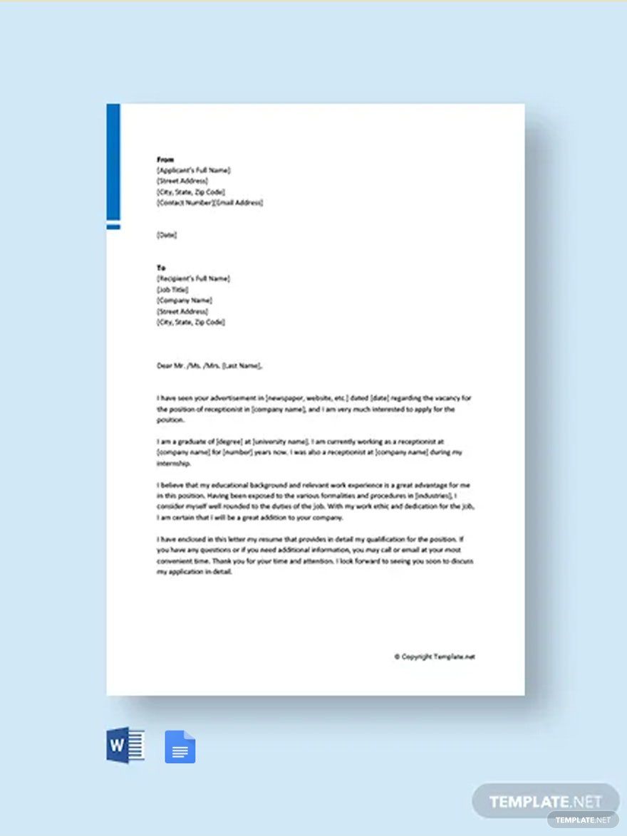 Application letter for the Post of a Receptionist Template