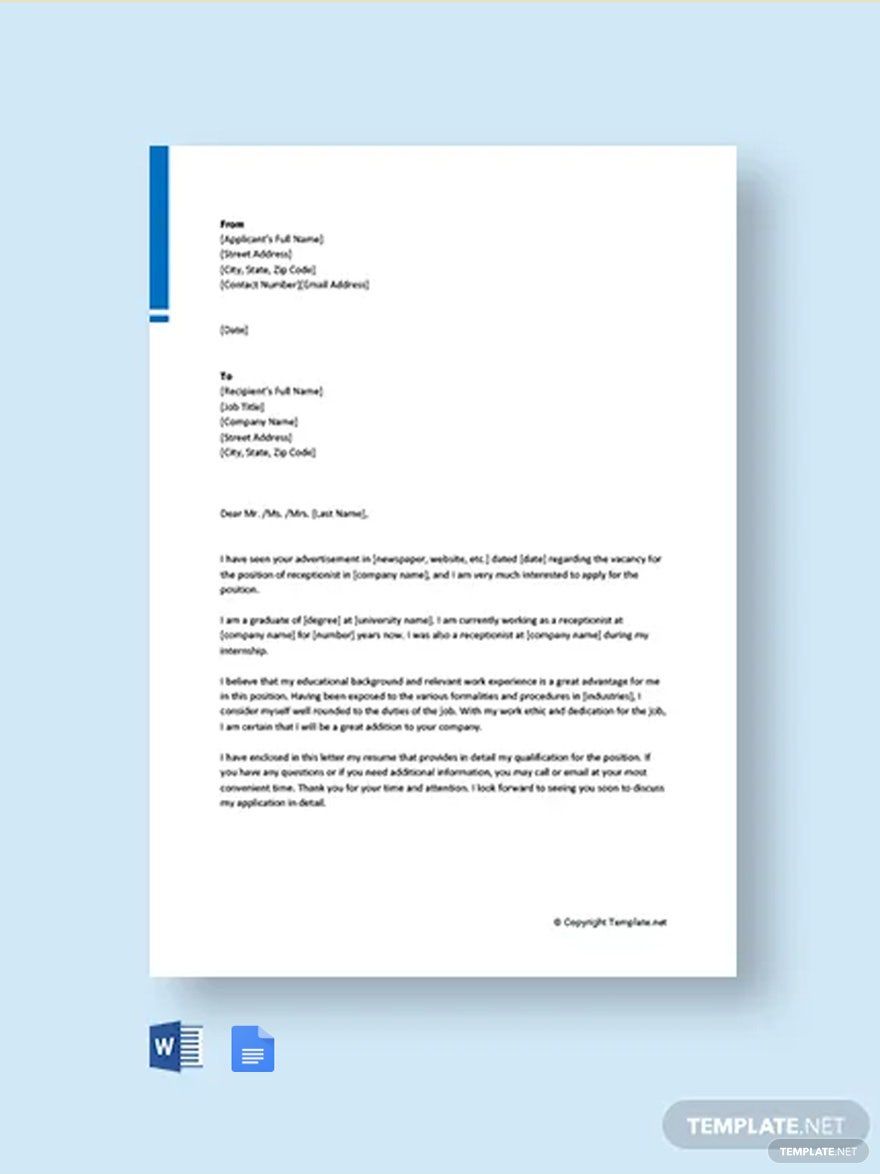 Application letter for the Post of a Receptionist Template in Word, Google Docs, Pages, PDF - Download | Template.net