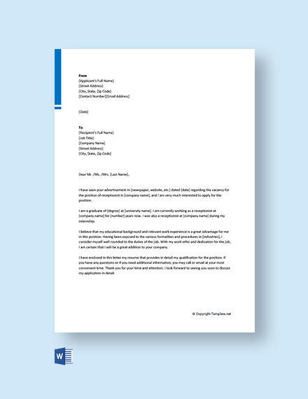 FREE Job Application Letter For Receptionist Position Template - Word