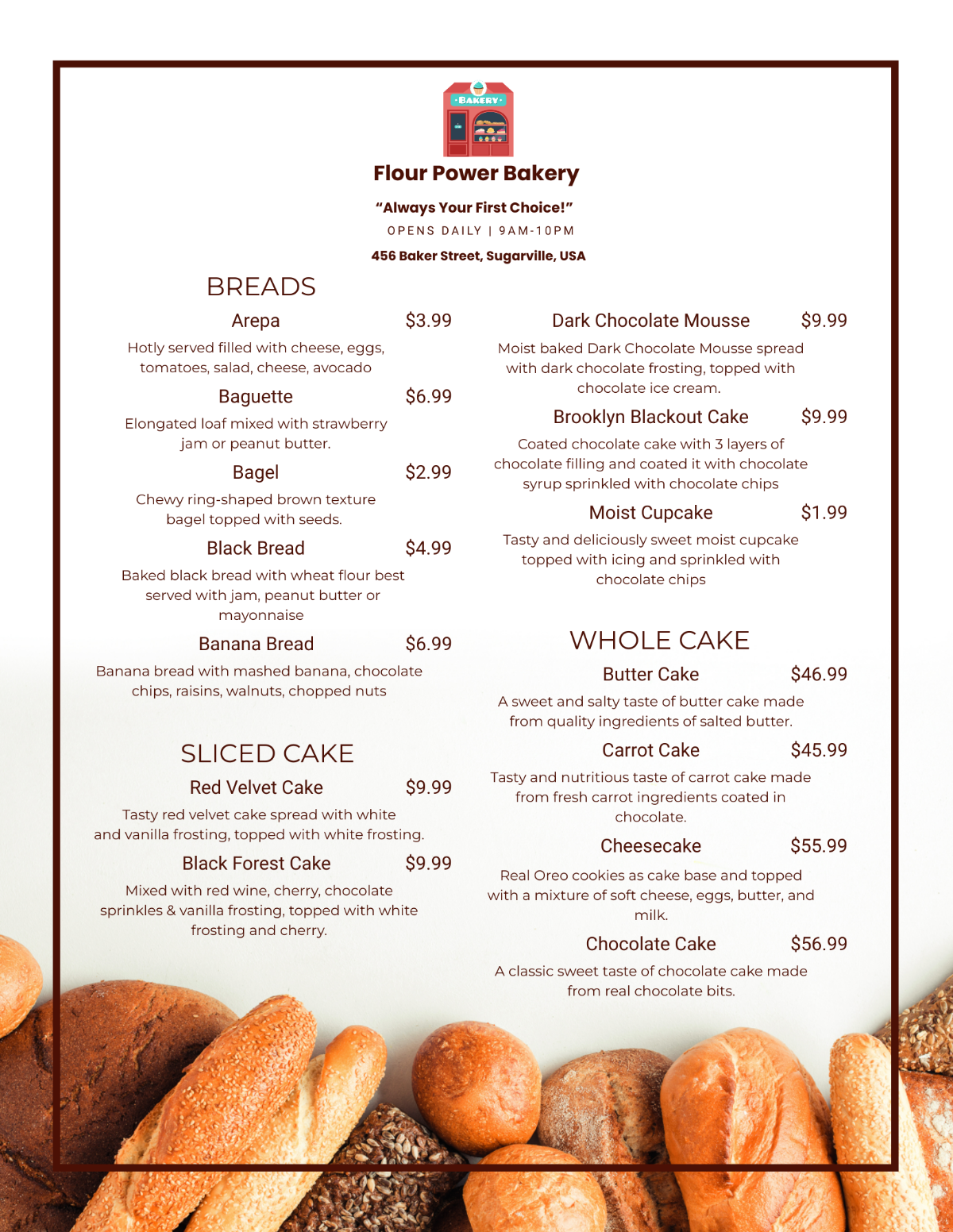 Pastry Bakery Menu