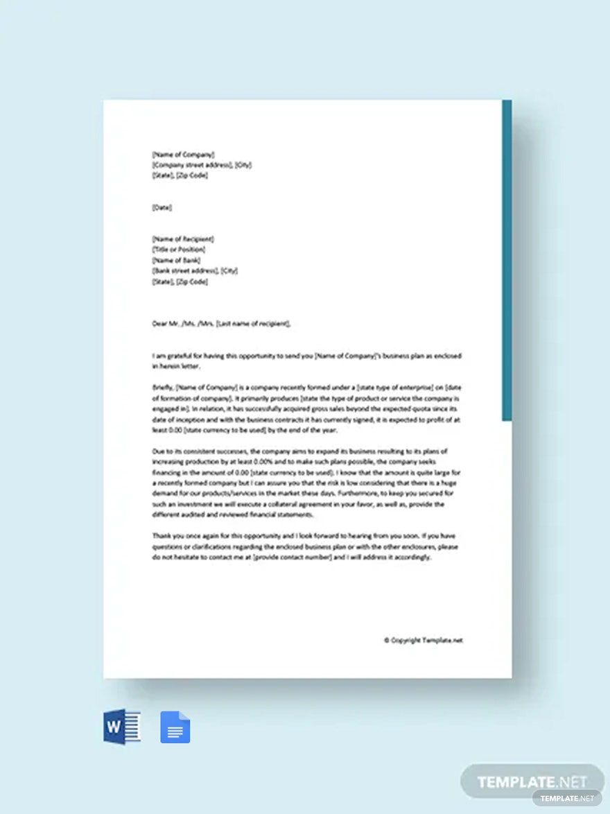 Business Plan Cover Letter to Bank Template