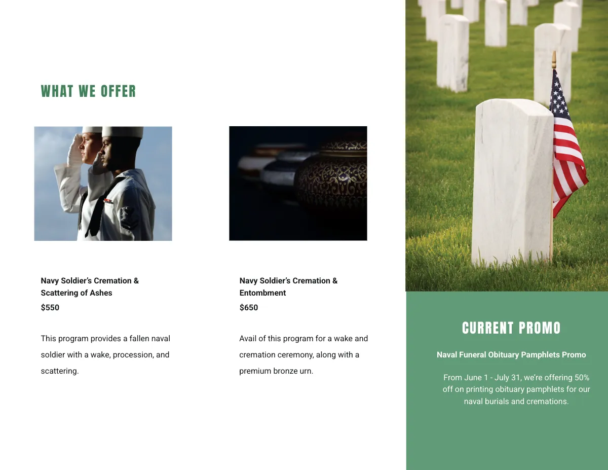 Free Printable Navy Honors Funeral Obituary Tri-Fold Brochure Template to Edit Online
