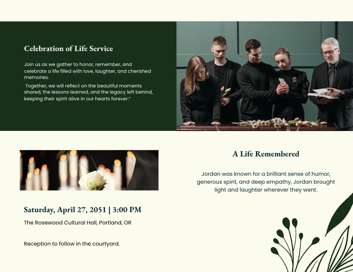 Free Sample Eulogy Funeral Bi-Fold Brochure Template to Edit Online