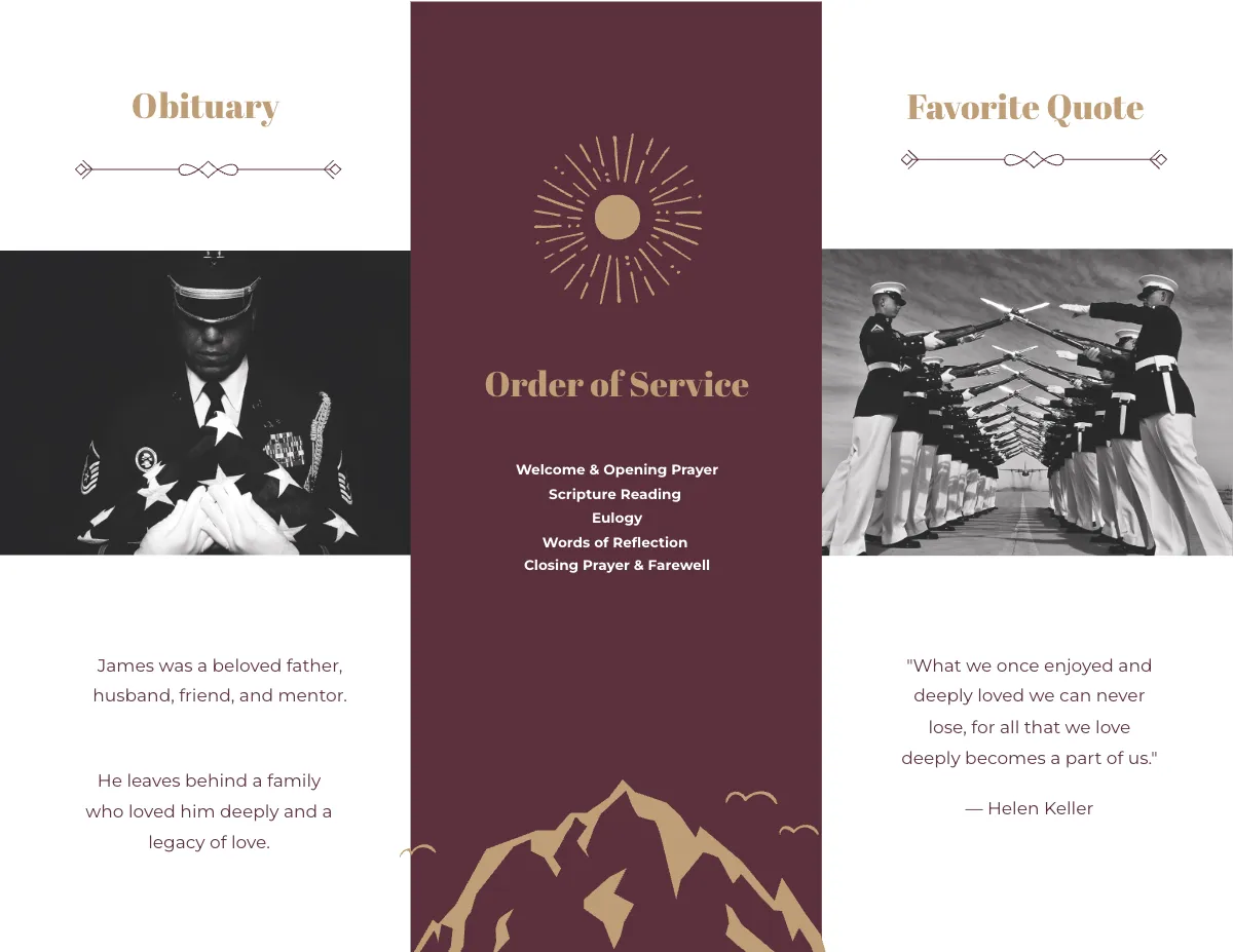 Free Veteran Eulogy Funeral Tri-Fold Brochure Template to Edit Online
