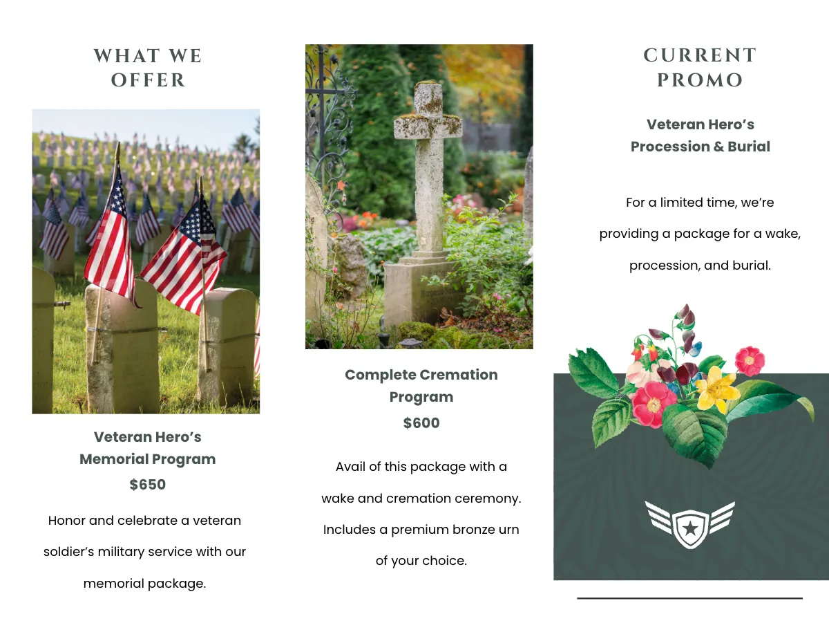 Free Veteran Funeral Memorial Tri-Fold Brochure Template to Edit Online