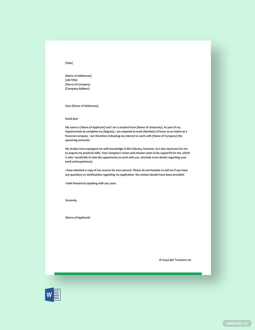 Cover Letter for Internship in Finance Template in Google Docs, Word, Pages, PDF - Download | Template.net