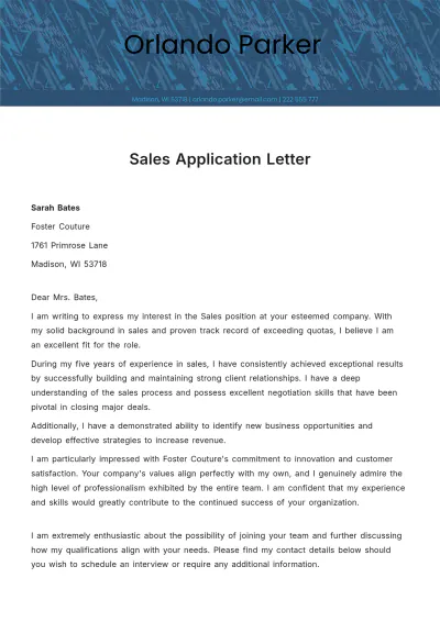 Free Sales Application Letter Template to Edit Online