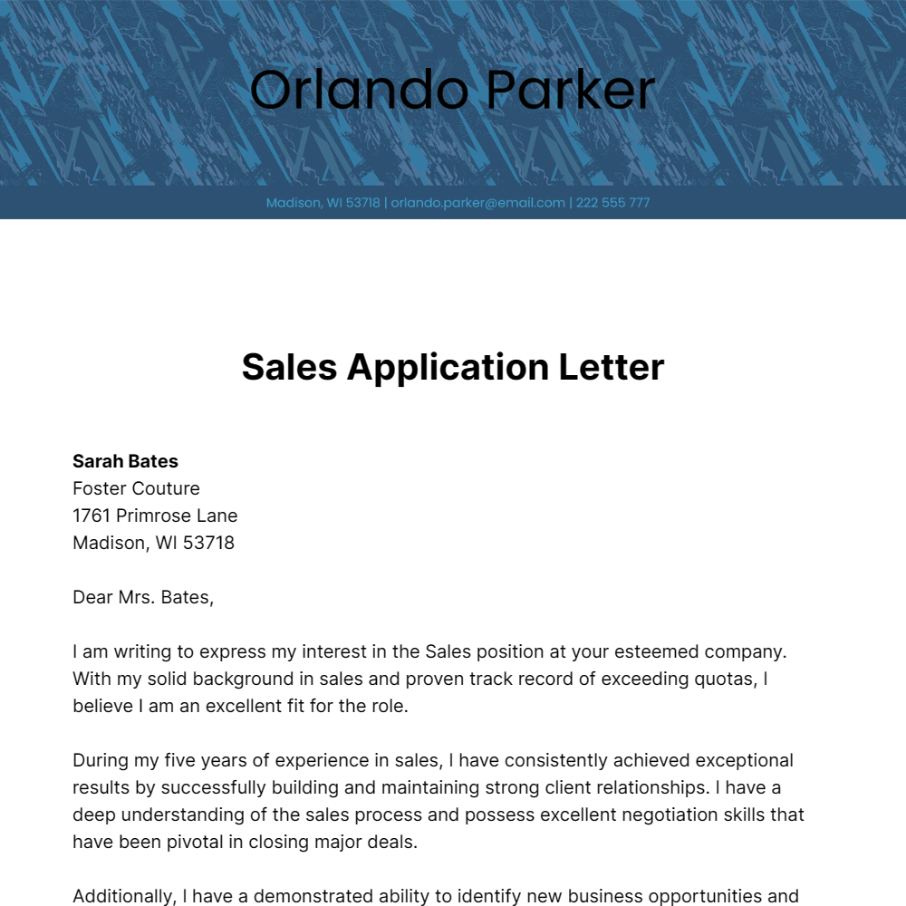 Sales Application Letter Template