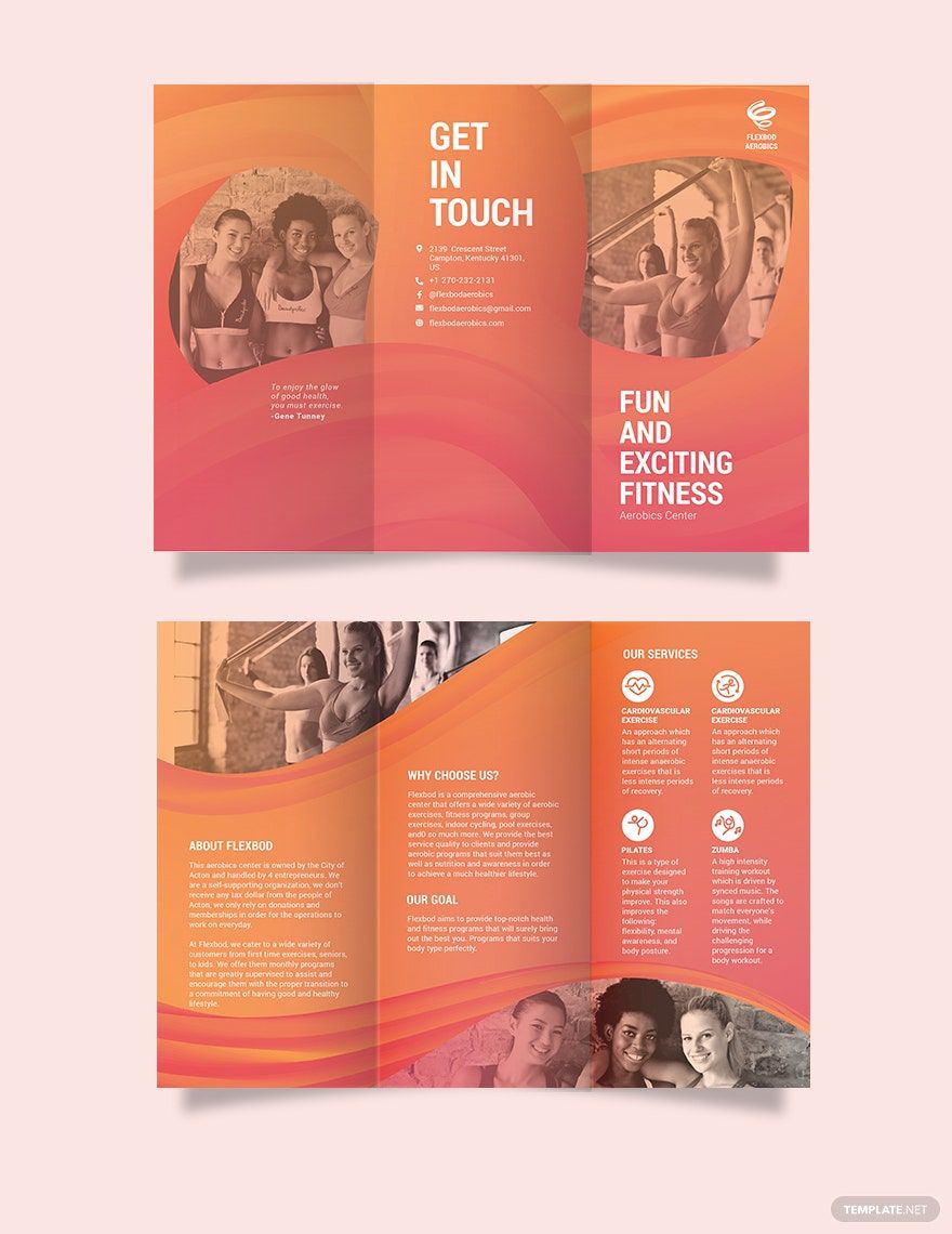 Free Aerobics Center Tri-Fold Brochure Template in Word, Google Docs, Illustrator, PSD, Apple Pages, Publisher, InDesign