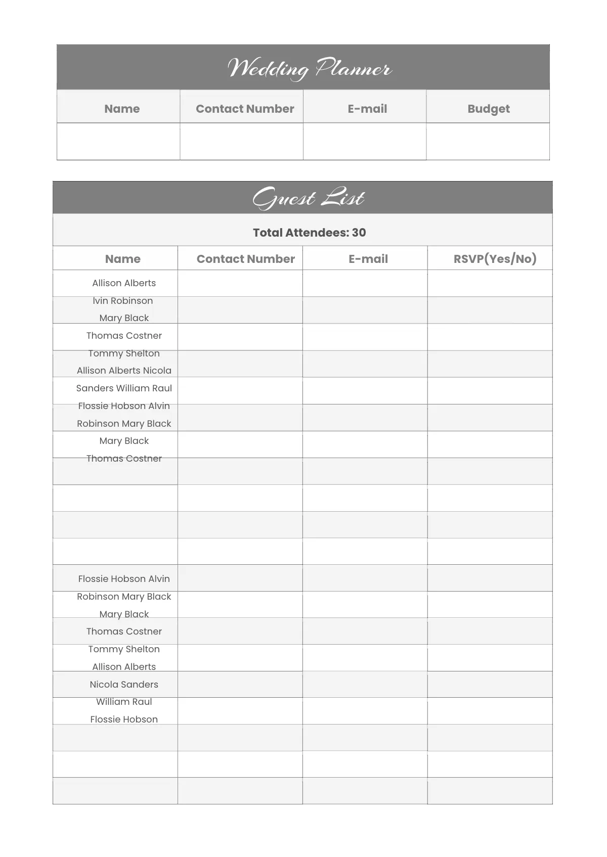 Free Blank Wedding Planner Template to Edit Online