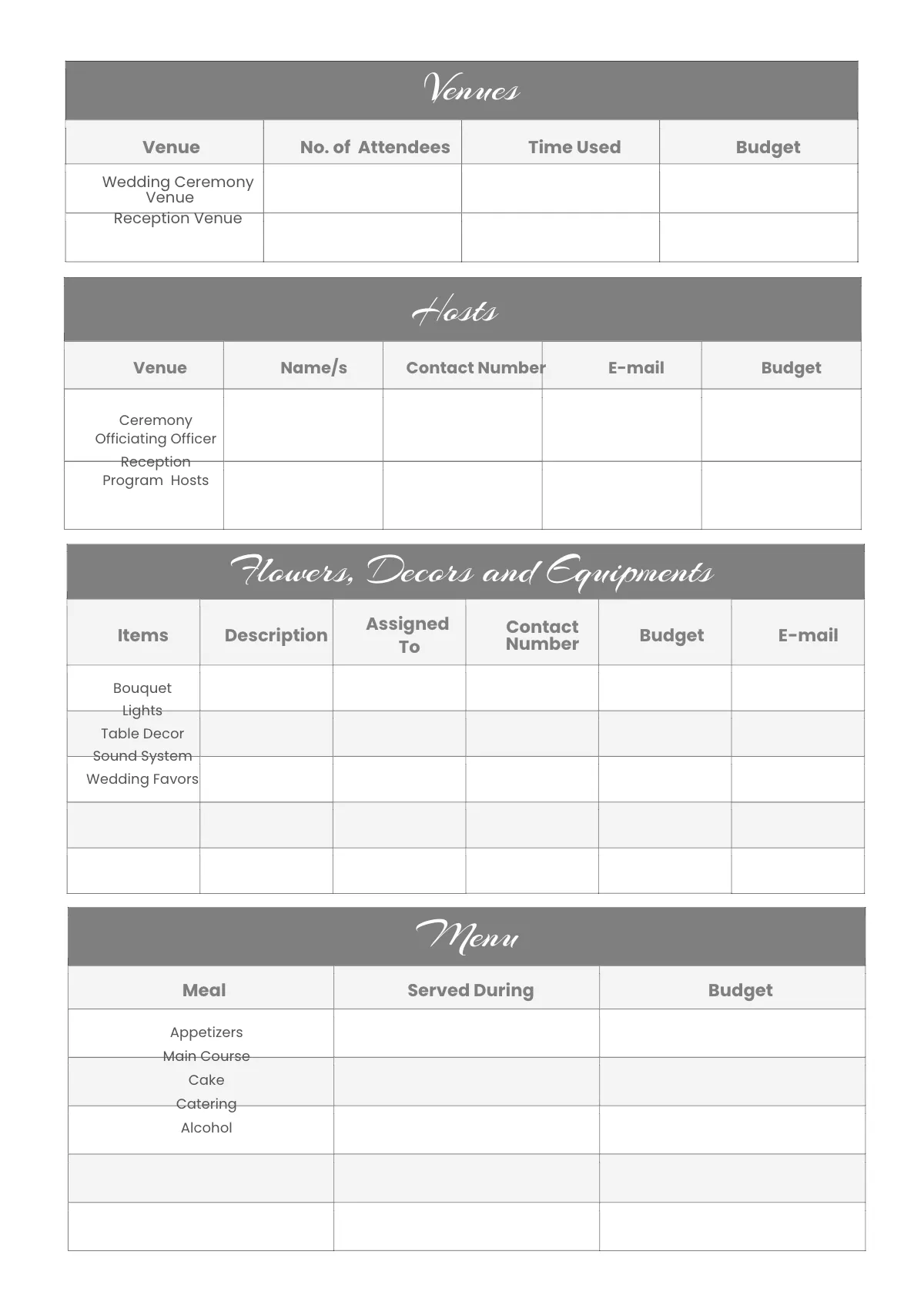 Free Blank Wedding Planner Template to Edit Online
