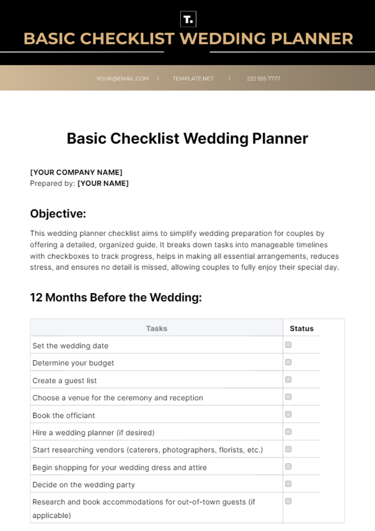 Free Basic Checklist Wedding Planner Template