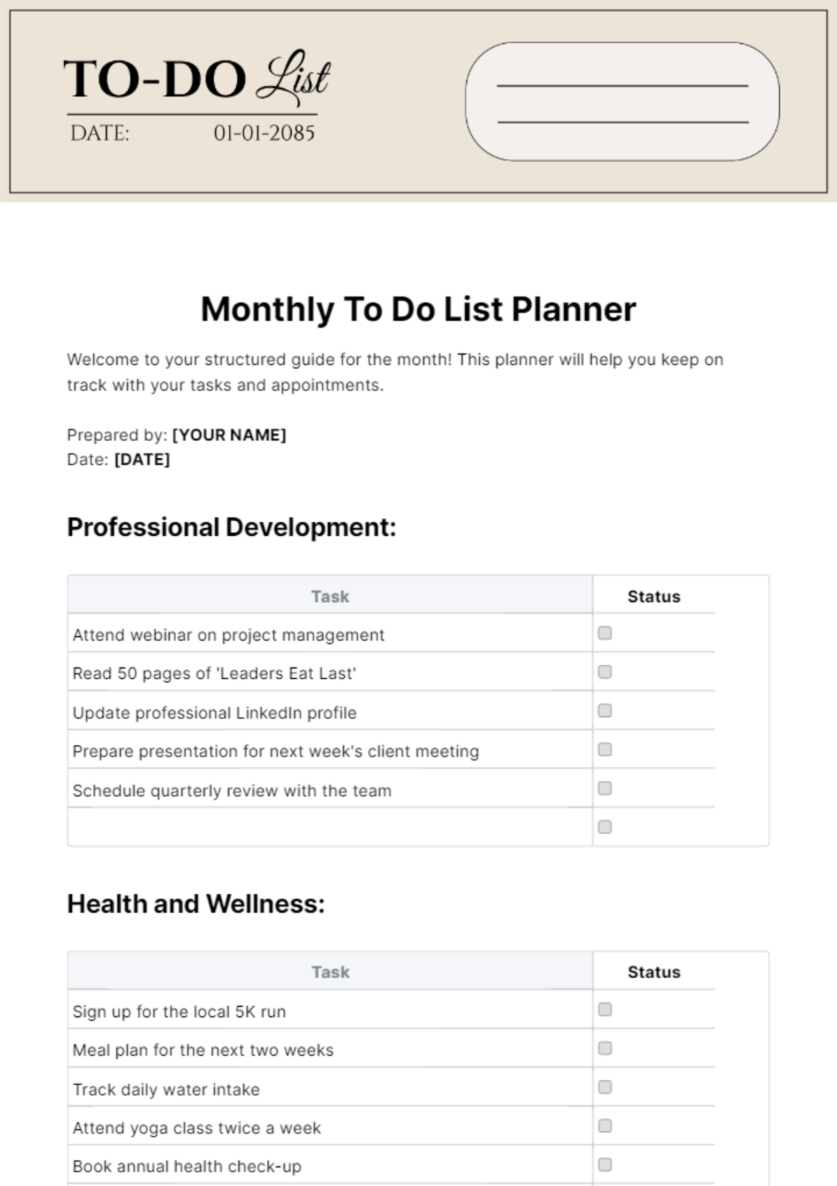 Monthly To Do List Planner Template