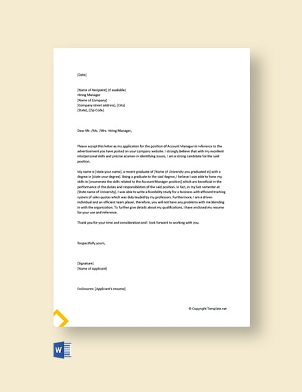 FREE Entry Level Account Manager Cover Letter Template - Word