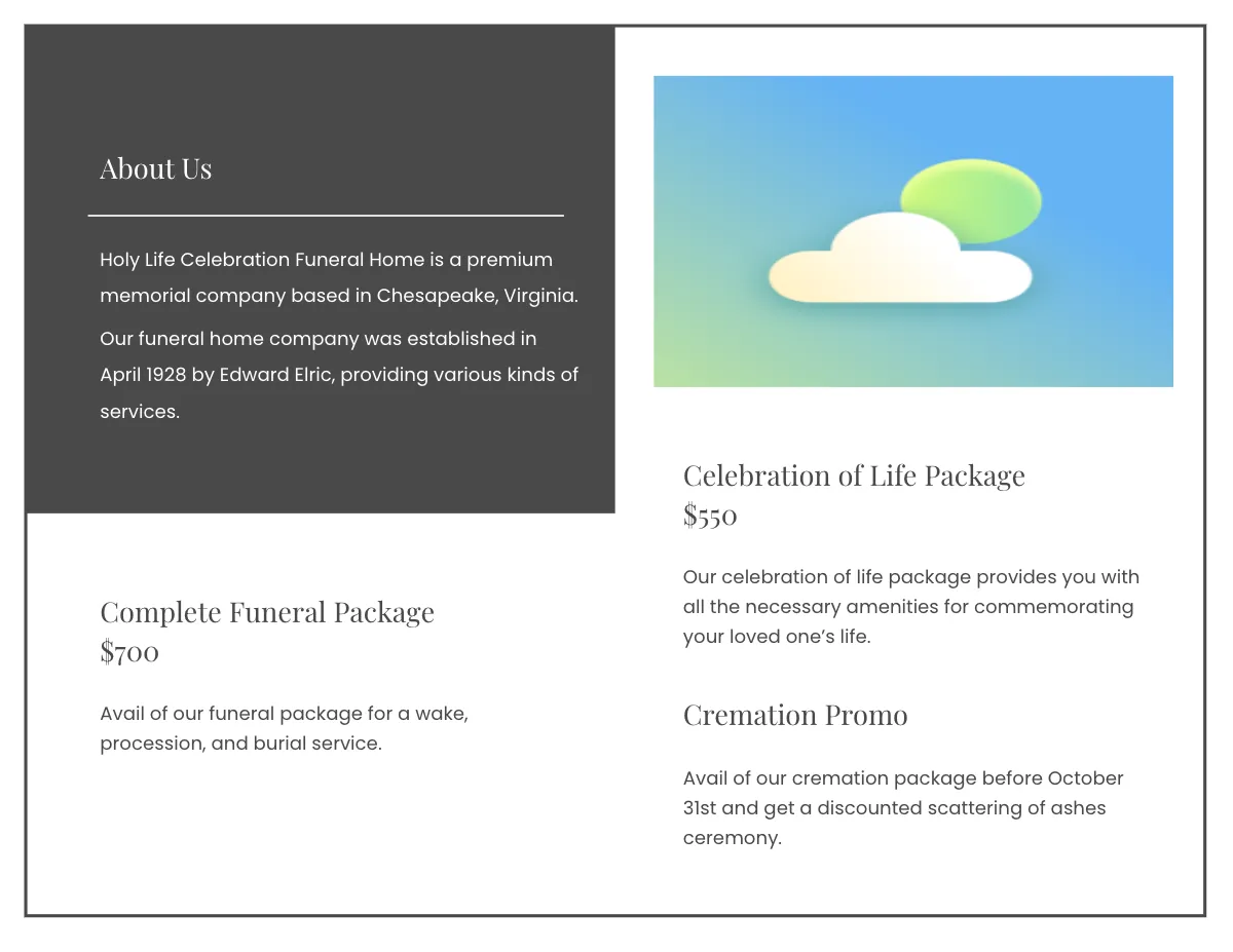 Free Editable Life Celebration Funeral Bi-Fold Brochure Template to Edit Online