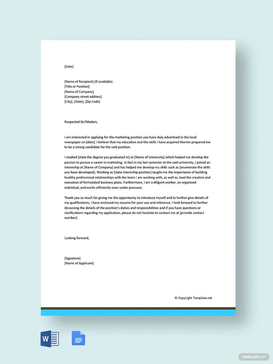 Entry Level Marketing Cover Letter Template in Word, Google Docs, PDF, Apple Pages