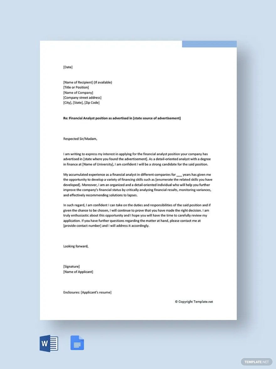 Financial Analyst Cover Letter Template