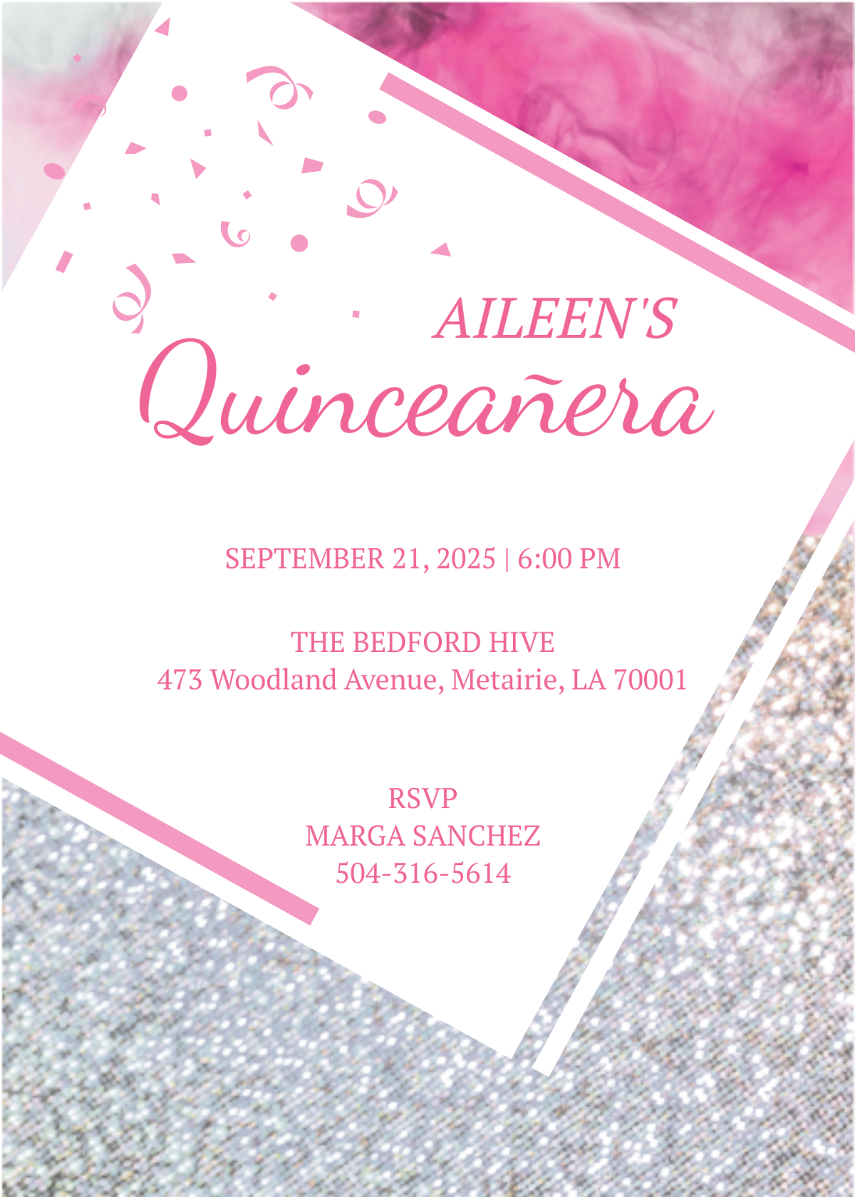 Pink and Silver Quinceanera Invitation Template