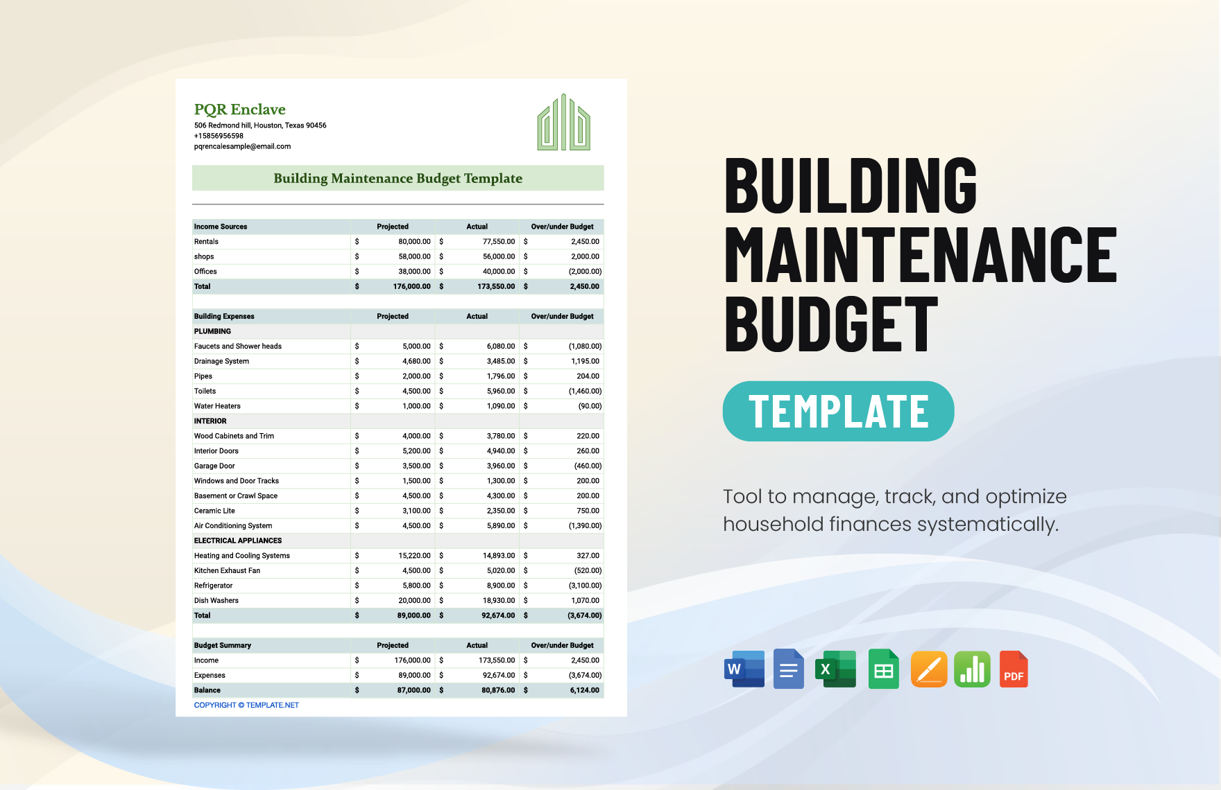 Building Maintenance Budget Template in Word, Google Docs, Excel, PDF, Google Sheets, Apple Pages, Apple Numbers