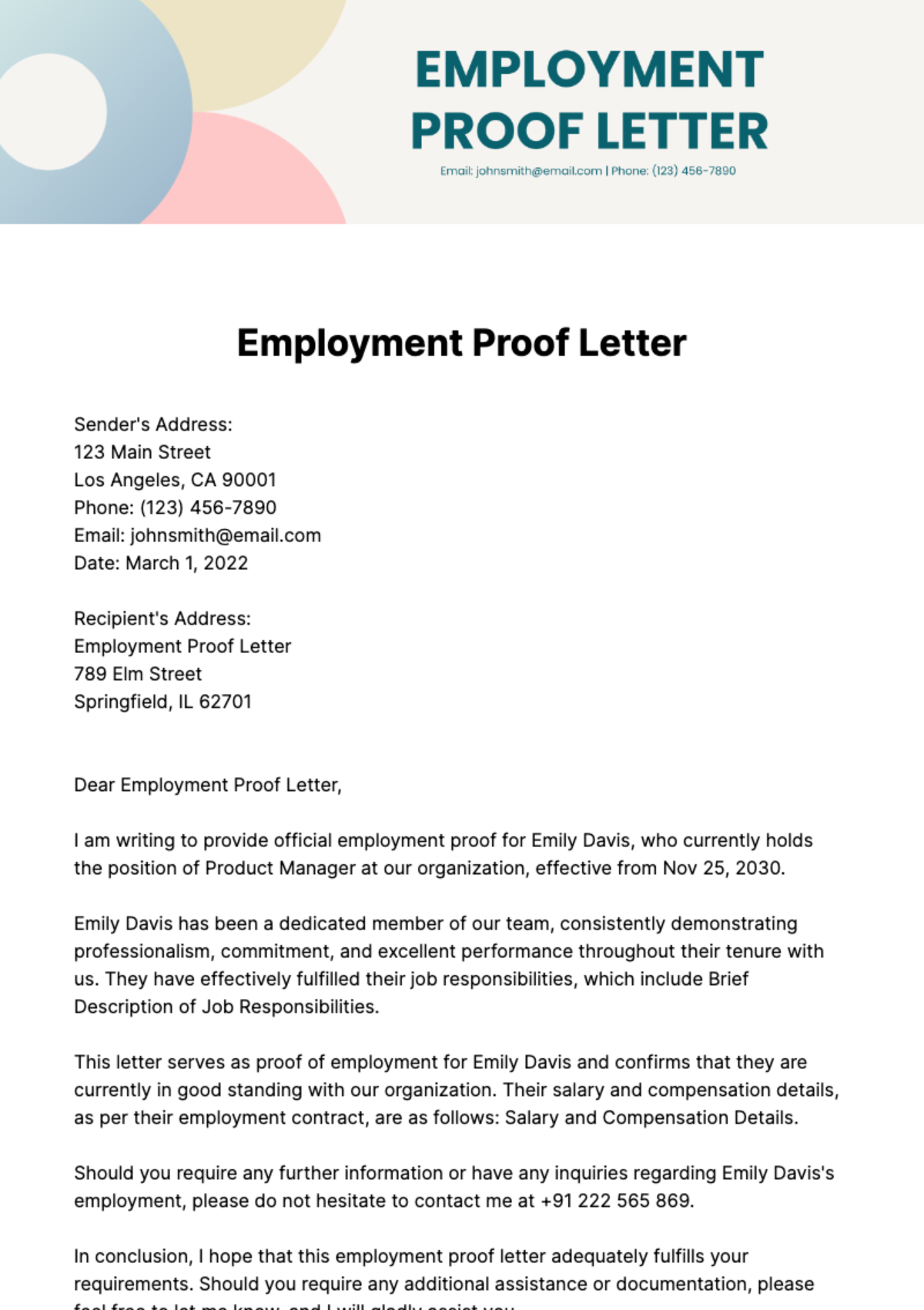 Free Employment Proof Letter Template