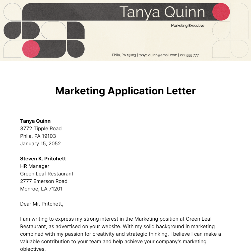 Marketing Application Letter Template