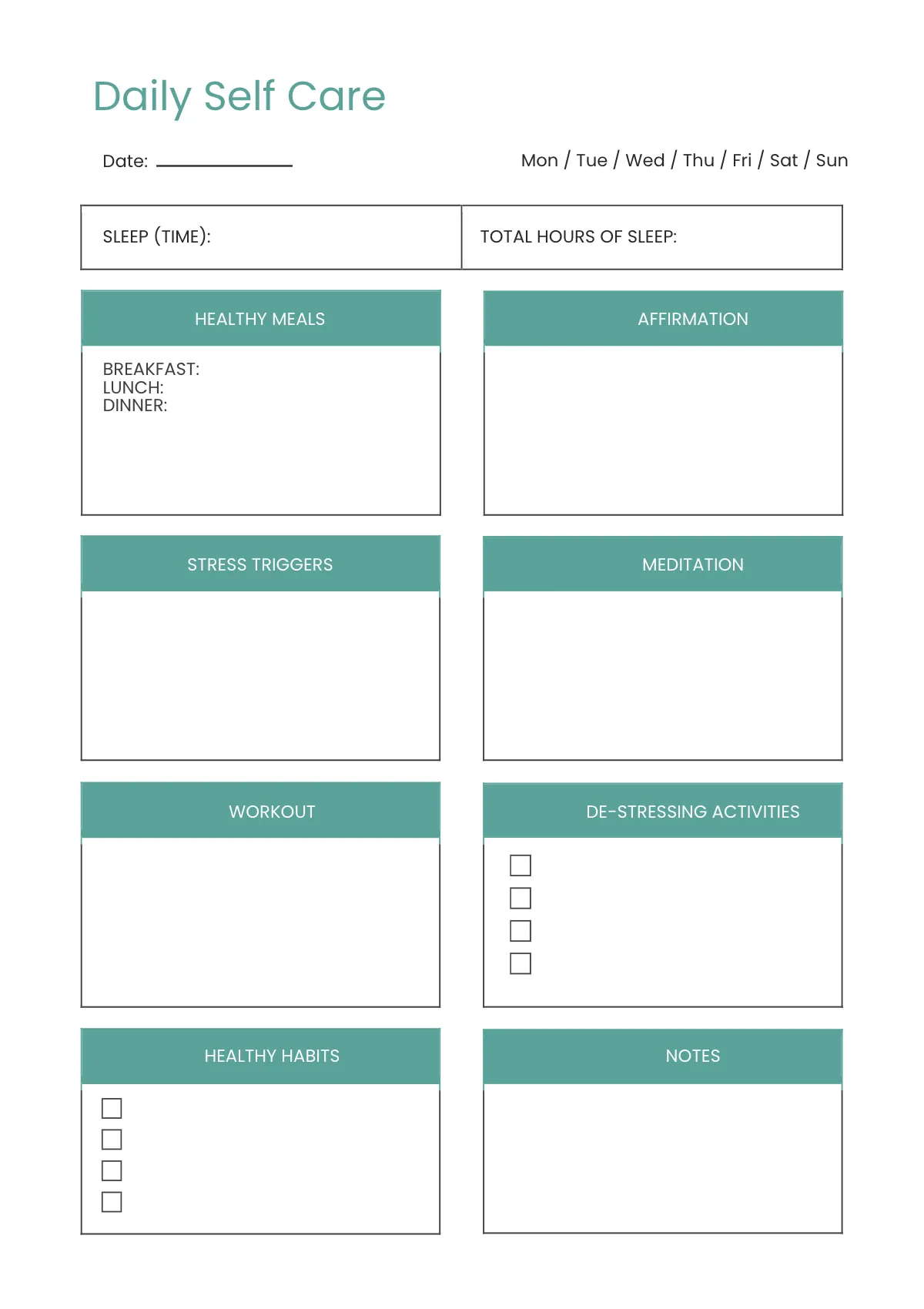 Free Simple Self Care Planner Template to Edit Online
