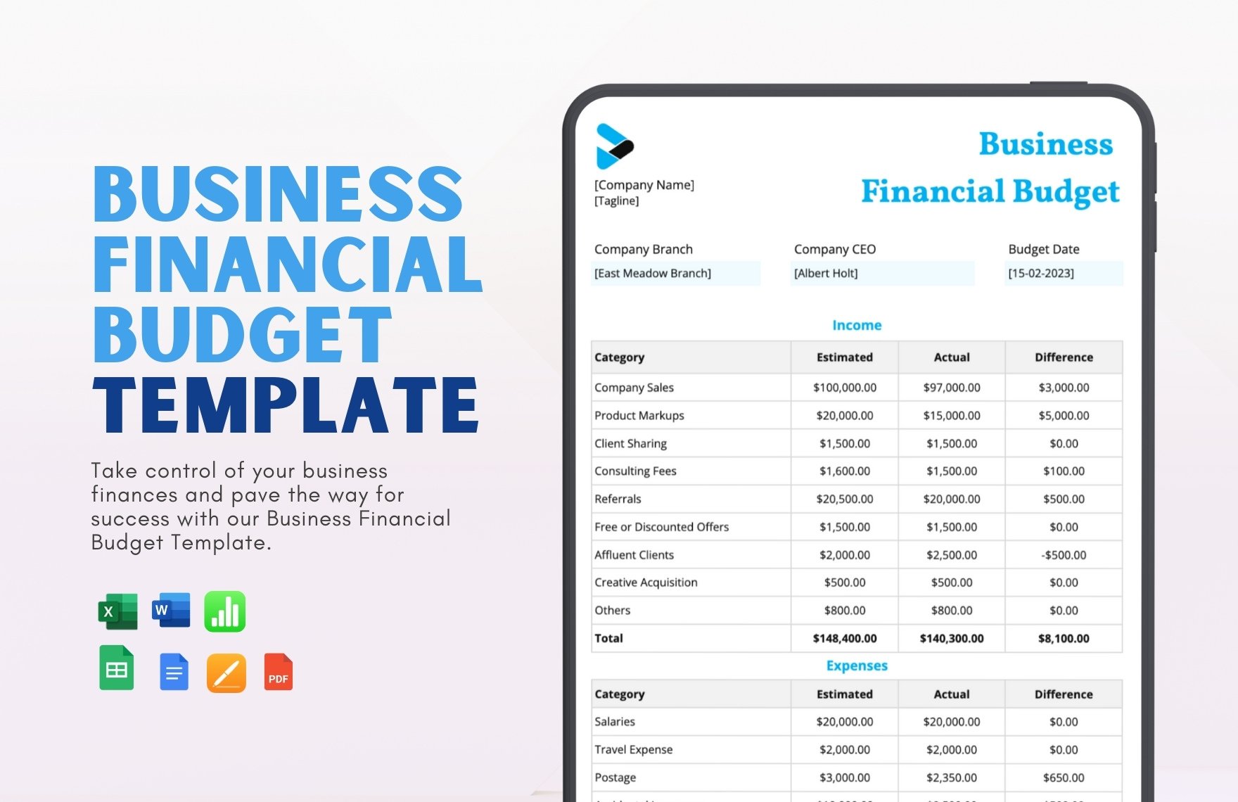 Business Financial Budget Template in Word, Google Docs, Excel, PDF, Google Sheets, Apple Pages, Apple Numbers