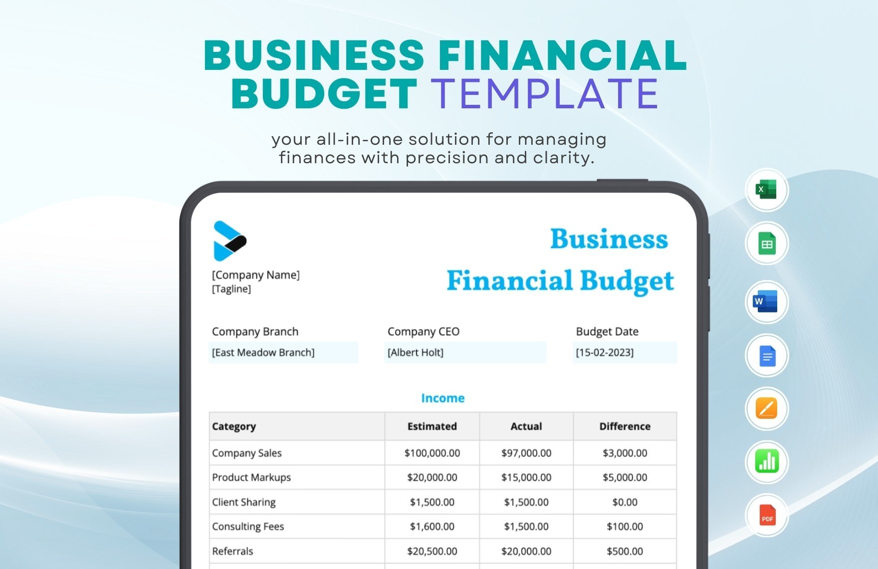 Business Financial Budget Template in Word, Google Docs, Excel, PDF, Google Sheets, Apple Pages, Apple Numbers